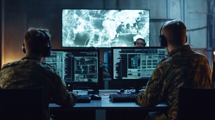 Military surveillance officers managing national security with computer monitoring in central office