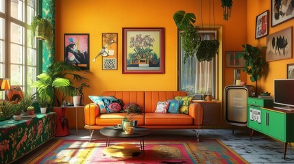 Retro living room interior. The room is decorated with colorful furniture and has a cozy.