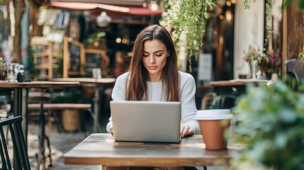 Woman engaged in remote work on laptop at outdoor cafe   freelancing in a relaxed atmosphere