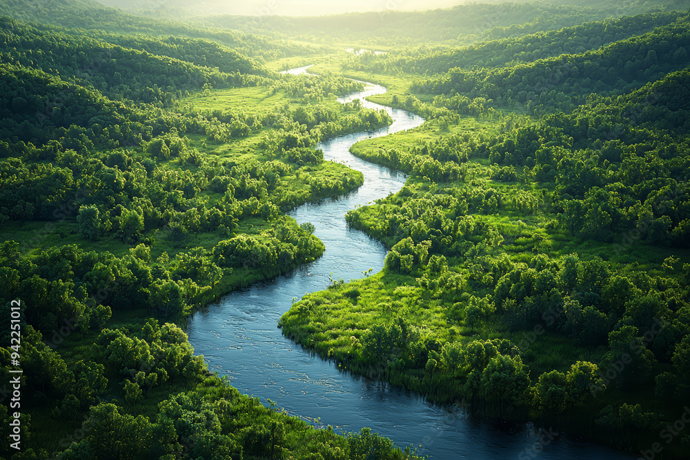 Sticker a bird's-eye view of a winding river cutting through a lush valley. concept of earth's waterways and