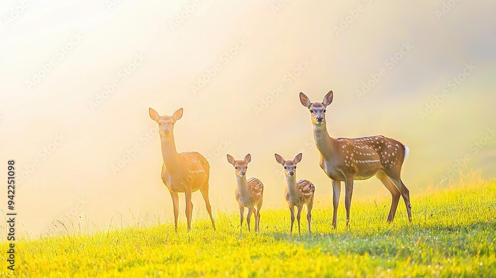 Poster   A group of deer grazing in a verdant meadow beside a dense forest with tall grass