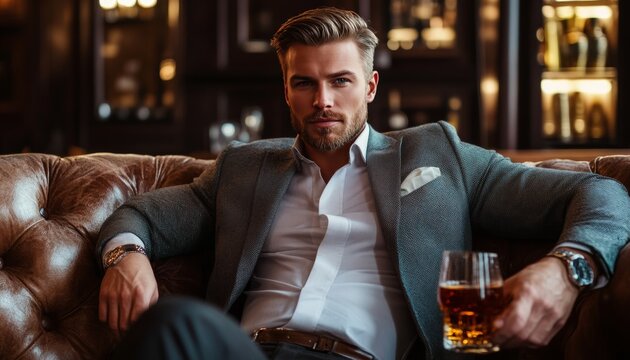 Sophisticated wealthy man relaxing on plush couch with whiskey in luxurious pub atmosphere