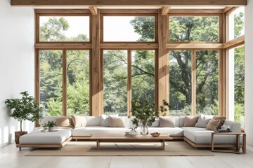 Fototapeta premium A cozy living room with comfortable furniture and large windows for natural light