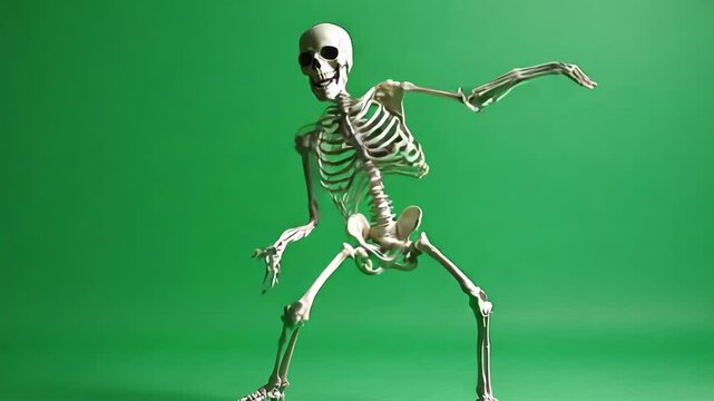 Dancing Skeleton in Various Poses Against Green Backdrop Showing Motion and Expression