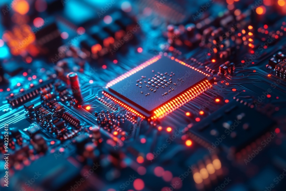 Poster a highly detailed and vivid imagery of a microchip is presented, showcasing the intricate and comple
