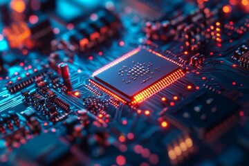 Obraz premium A highly detailed and vivid imagery of a microchip is presented, showcasing the intricate and complex circuitry, which highlights the remarkable advanced technology embedded within modern electronics