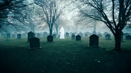 Camera flies around tombstones casting long shadows as a ghostly figure weaves through them, creating a chilling atmosphere.