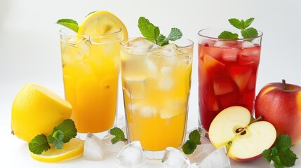 Fototapeta premium Refreshing Summer Drinks with Lemon, Apple and Mint