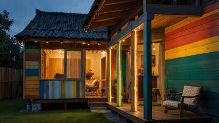 Fototapeta premium &nbsp;a wooden house painted with mixed colors and charming with globe light