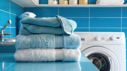 A stack of blue towels sits on a blue counter in front of a white washing machine.