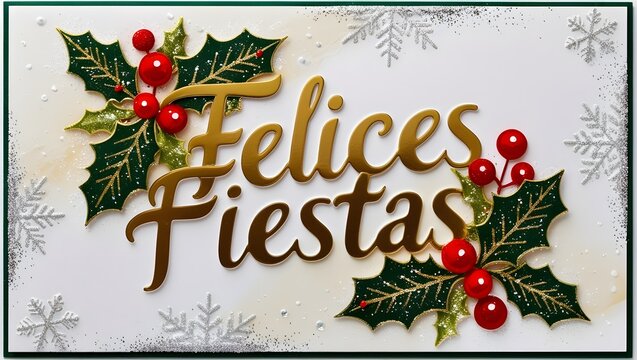 Ilustraci&oacute;n. Tarjeta de Navidad en espa&ntilde;ol. Las letras Felices Fiestas est&aacute;n en dorado y con dos mu&eacute;rdagos y copos de nieve en plateado. Elegante.