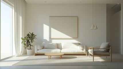 Minimalist living room is bright and airy, simple furnishings.