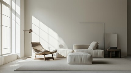 Minimalist living room is bright and airy, simple furnishings.