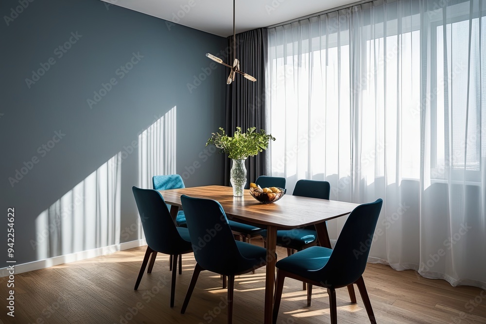 Poster crisp shadow overlay effect isolated on vivid background with sharp light and sheer curtain in dinin