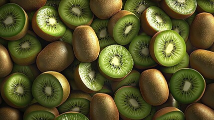   A stack of kiwi slices atop a heap of adjacent kiwis