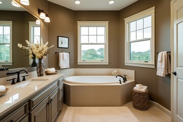 Stylish Plush Beige Bathroom with Corner Bathtub for a Cozy Ambiance