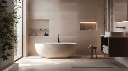 Modern bathroom. The room has a modern and minimalist design.