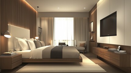 Modern bedroom. The room has a modern and minimalist design.