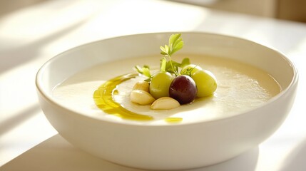 Ajo Blanco, an almond soup from M&aacute;laga, is garnished with grapes and olive oil in a serene setting.