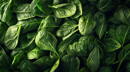 Obraz premium A pile of green spinach leaves with droplets of water on top