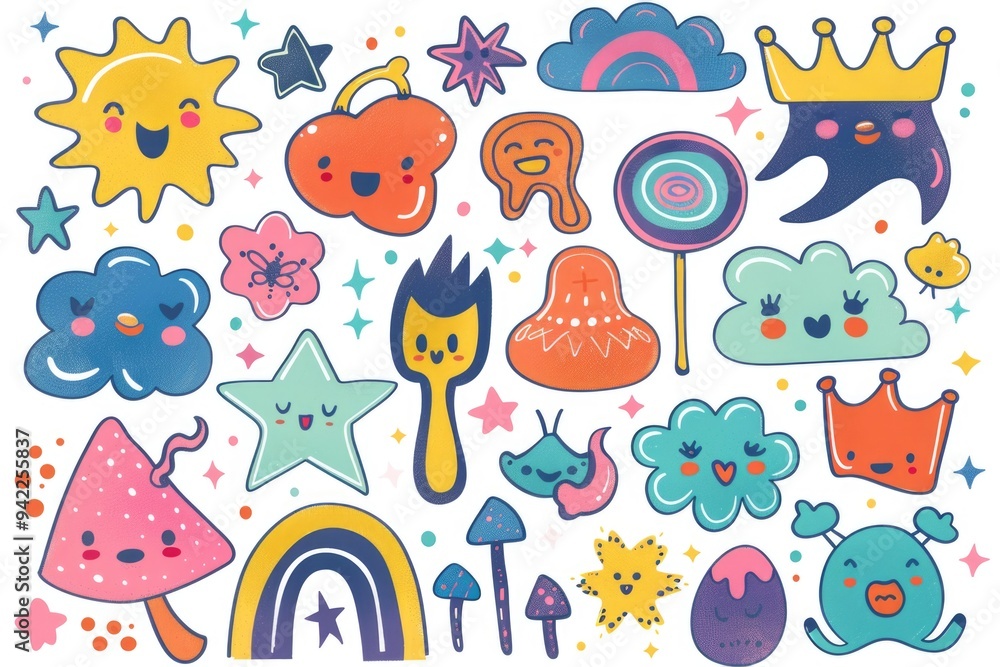 Poster a collection of colorful cartoon stickers on a plain white background, great for adding fun and pers