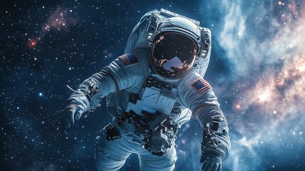 Fototapeta premium Astronaut Floating in Vast Expanse of Space: Surrounded by Stars and Cosmic Dust, Highlighting Tranquility and Mystery of the Universe