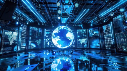 A glowing Earth globe sits in the center of a dark room with many screens showing data and maps.