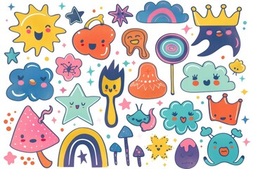 A collection of colorful cartoon stickers on a plain white background, great for adding fun and personality to any design
