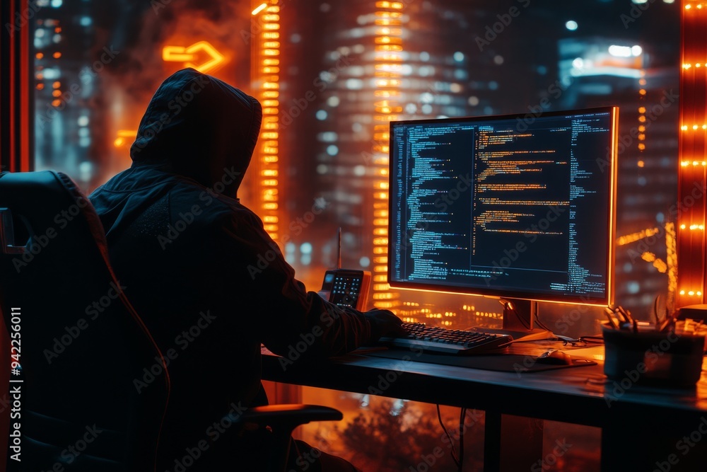 Poster in a shadowy space, a hooded figure works on a hightech computer amid glowing screens displaying adv
