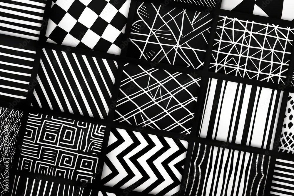 Poster a collection of diverse patterns in black and white
