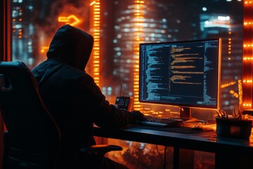 Obraz premium In a shadowy space, a hooded figure works on a hightech computer amid glowing screens displaying advanced hacking techniques, against a mesmerizing futuristic city backdrop sparkling with lights