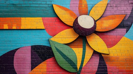 Fototapeta premium Brightly Colored Flower Design with Geometric Patterns in Vibrant Urban Art Style