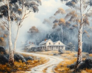 Obraz premium Serene rural farmhouse scene with foggy autumn morning, winding dirt path, surrounded by tall trees and distant misty forest view