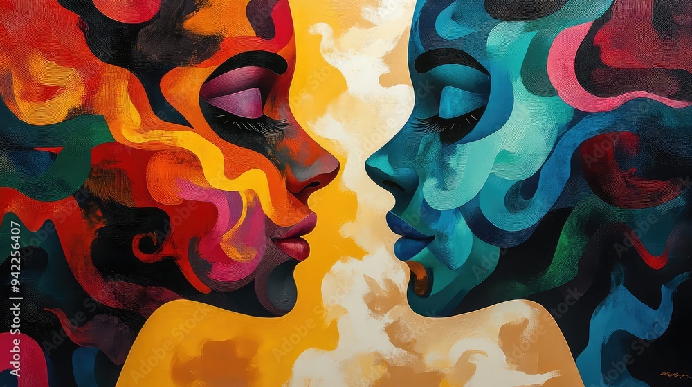 Poster two abstract faces communicating through vibrant colors and shapes, creating a visually engaging dis