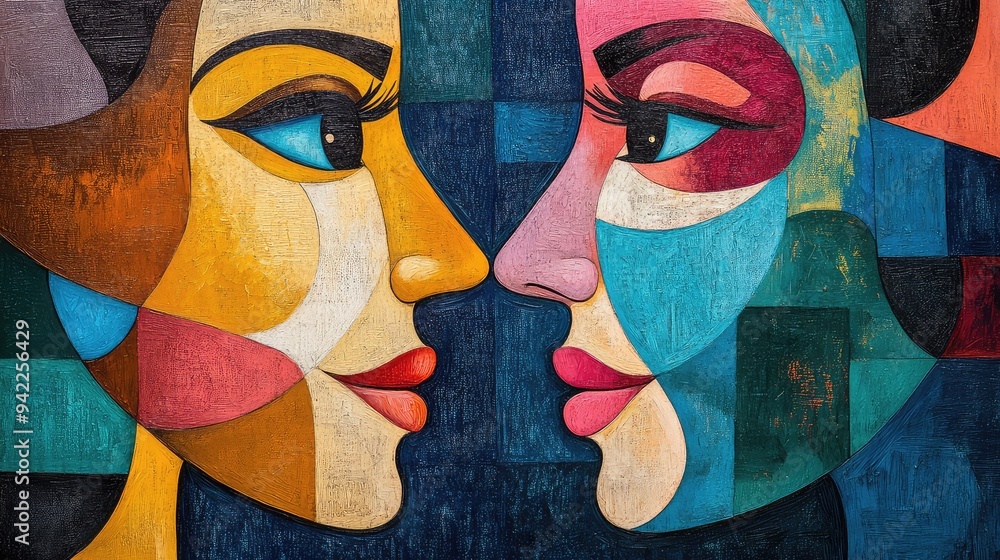 Poster two abstract faces communicating through vibrant colors and shapes, creating a visually engaging dis