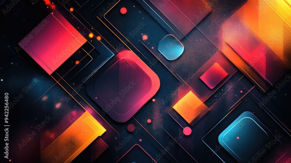 Poster Vibrant Abstract Design Featuring Geometric Shapes and Vivid Colors, Creating a Dynamic Visual Experience Against a Dark Background
