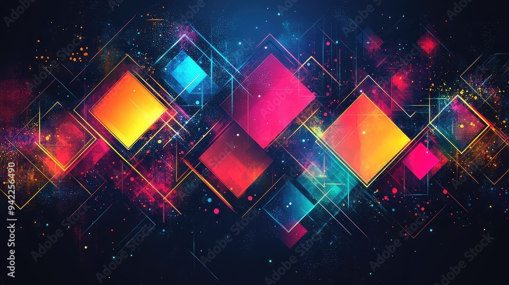 Poster Vibrant Abstract Design Featuring Geometric Shapes and Vivid Colors, Creating a Dynamic Visual Experience Against a Dark Background