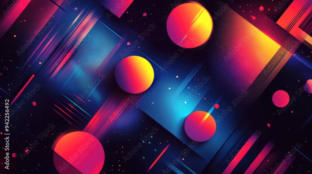 Poster Vibrant Abstract Design Featuring Geometric Shapes and Vivid Colors, Creating a Dynamic Visual Experience Against a Dark Background