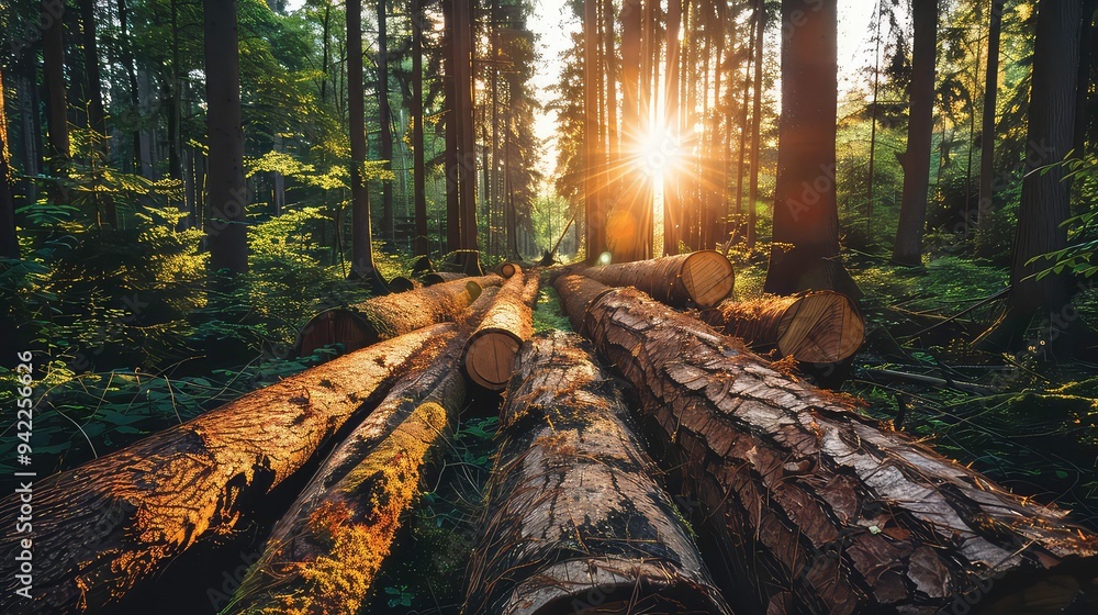 Poster sun rays filtering through the trees in a forest with felled logs.
