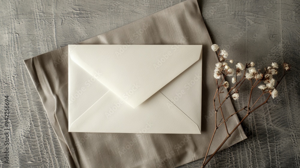 Poster a simple scene with a white envelope sitting on top of a piece of cloth