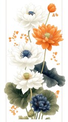 Elegant Botanical Illustration Featuring Colorful Lotus Flowers and Lush Green Leaves, Perfect for Wall Art or Decorative Prints