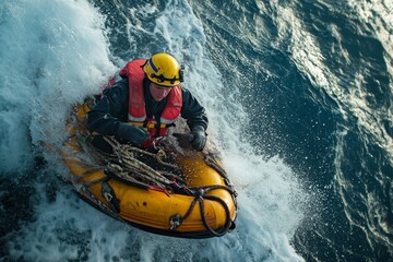 Emergency rescuer in action  lifesaver assisting overboard victim in critical situation