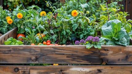 A variety of plants and flowers are growing in a wooden planter box, including yellow flowers, purple flowers, tomatoes, and leafy greens.