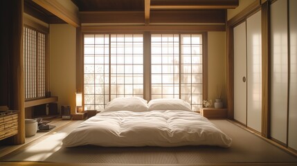 Japanese bedroom, the room is very clean and has a very peaceful and calming atmosphere.