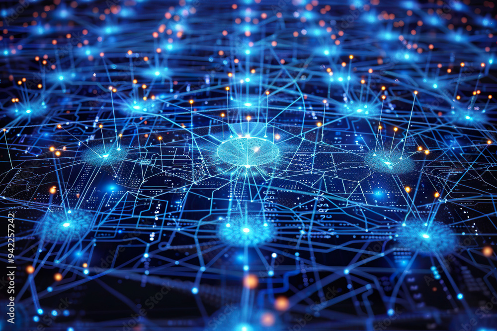 Poster a blue and orange computer network with many small dots.