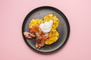 Baked potatoes with bacon, hearty breakfast, lunch, brunch.