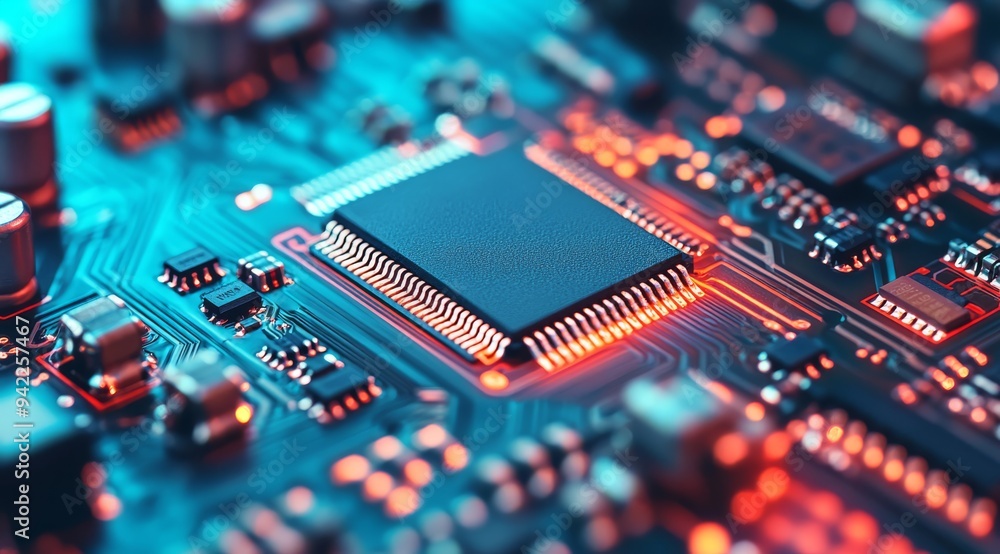 Poster this detailed view of a microchip showcases its intricate circuits, highlighting the sophistication 