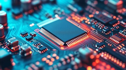 Fototapeta premium This detailed view of a microchip showcases its intricate circuits, highlighting the sophistication and complexity of modern electronics designed for various applications across multiple fields