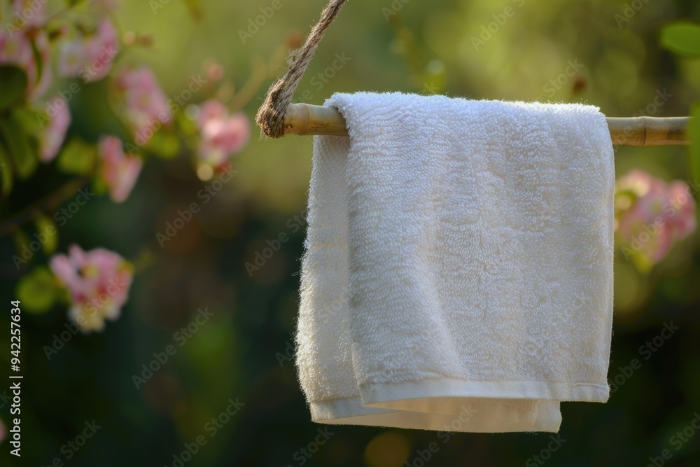 Poster a white towel hanging from a tree branch in nature