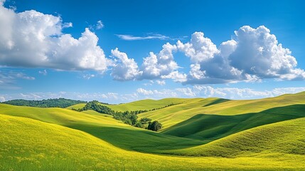 Fototapeta premium Stunning landscape of lush green and yellow hills under a bright blue sky with fluffy clouds